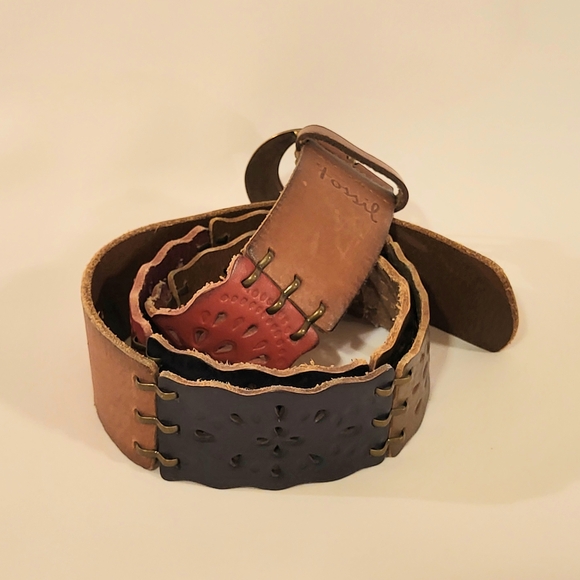 Fossil Accessories - Fossil Women's M Leather Belt Floral Stations Multi Boho Southwestern Cowgirl